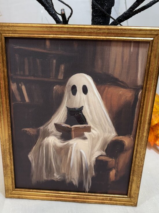 Other - Halloween Gold Framed Canvas Black Cat And Ghost Wall Art 8" x10" New RARE CUTE